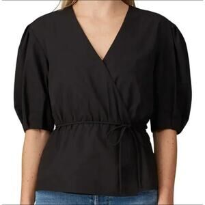 Rebecca Minkoff Mary Wrap Blouse Size M Black Crepe Puff Sleeve V-Neck